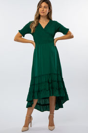 Forest Green Smocked Ruffle Hi-Lo Maternity Midi Dress