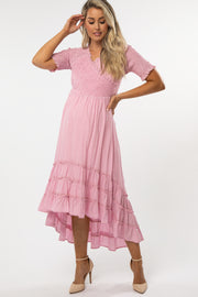 Pink Smocked Ruffle Hi-Lo Maternity Midi Dress