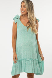 Mint Green Triangle Print Shoulder Tie Ruffle Hem Maternity Dress