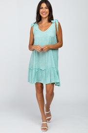 Mint Green Triangle Print Shoulder Tie Ruffle Hem Dress