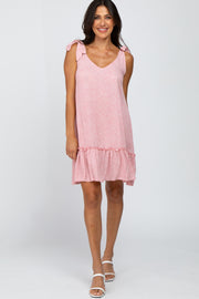 Pink Triangle Print Shoulder Tie Ruffle Hem Dress