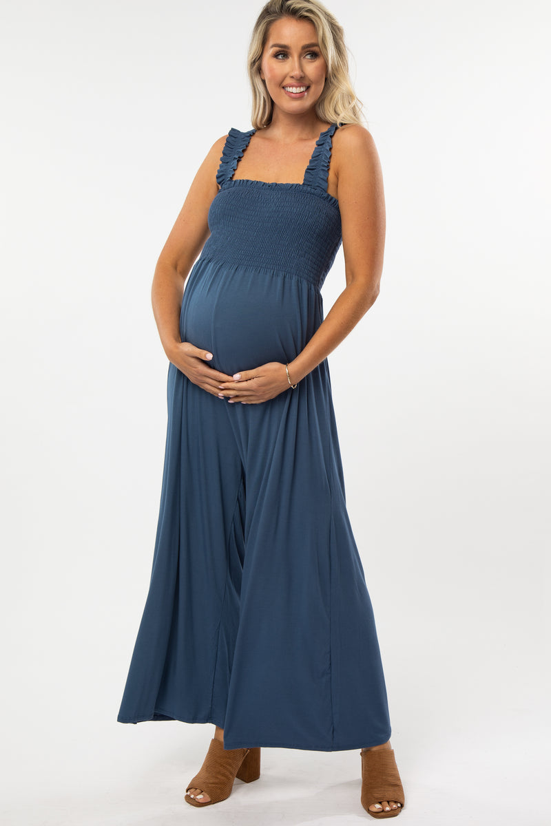 Blue Smocked Ruffle Strap Maternity Jumpsuit– PinkBlush