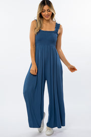 Blue Smocked Ruffle Strap Jumpsuit