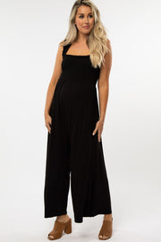 Black Smocked Ruffle Strap Maternity Jumpsuit