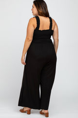 Black Smocked Ruffle Strap Plus Jumpsuit