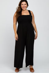 Black Smocked Ruffle Strap Plus Jumpsuit