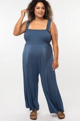 Blue Smocked Ruffle Strap Maternity Plus Jumpsuit