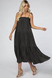 Charcoal Tie Strap Ruffle Maxi Dress