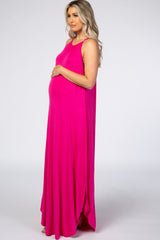 Fuchsia High Neck Side Slit Maternity Maxi Dress