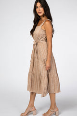 Taupe Square Neck Waist Tie Midi Dress