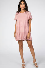 Pink Tiered Ruffle Hem Maternity Dress