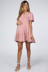 Pink Tiered Ruffle Hem Maternity Dress