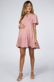 Pink Tiered Ruffle Hem Maternity Dress