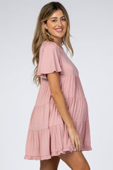 Pink Tiered Ruffle Hem Maternity Dress