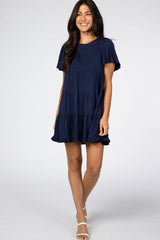 Navy Tiered Ruffle Hem Maternity Dress