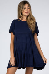 Navy Tiered Ruffle Hem Maternity Dress