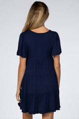 Navy Tiered Ruffle Hem Maternity Dress