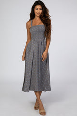 Grey Paisley Smocked Maternity Midi Dress