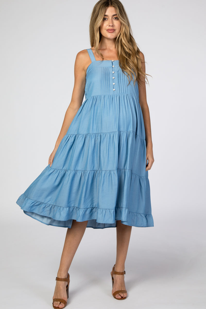 Blue Button Front Tiered Maternity Midi Dress – PinkBlush