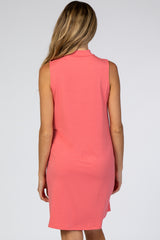 Coral Mock Neck Sleeveless Maternity Dress