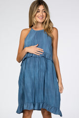 Blue Halter Neck Ruffle Accent Maternity Dress