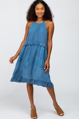 Blue Halter Neck Ruffle Accent Maternity Dress