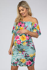 Mint Floral Off Shoulder Fitted Maternity Dress