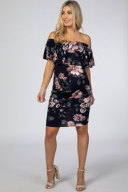 Navy Floral Off Shoulder Fitted Maternity Dress