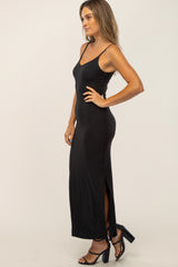 Black Ribbed Side Slit Maxi Dress