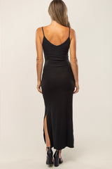 Black Ribbed Side Slit Maxi Dress