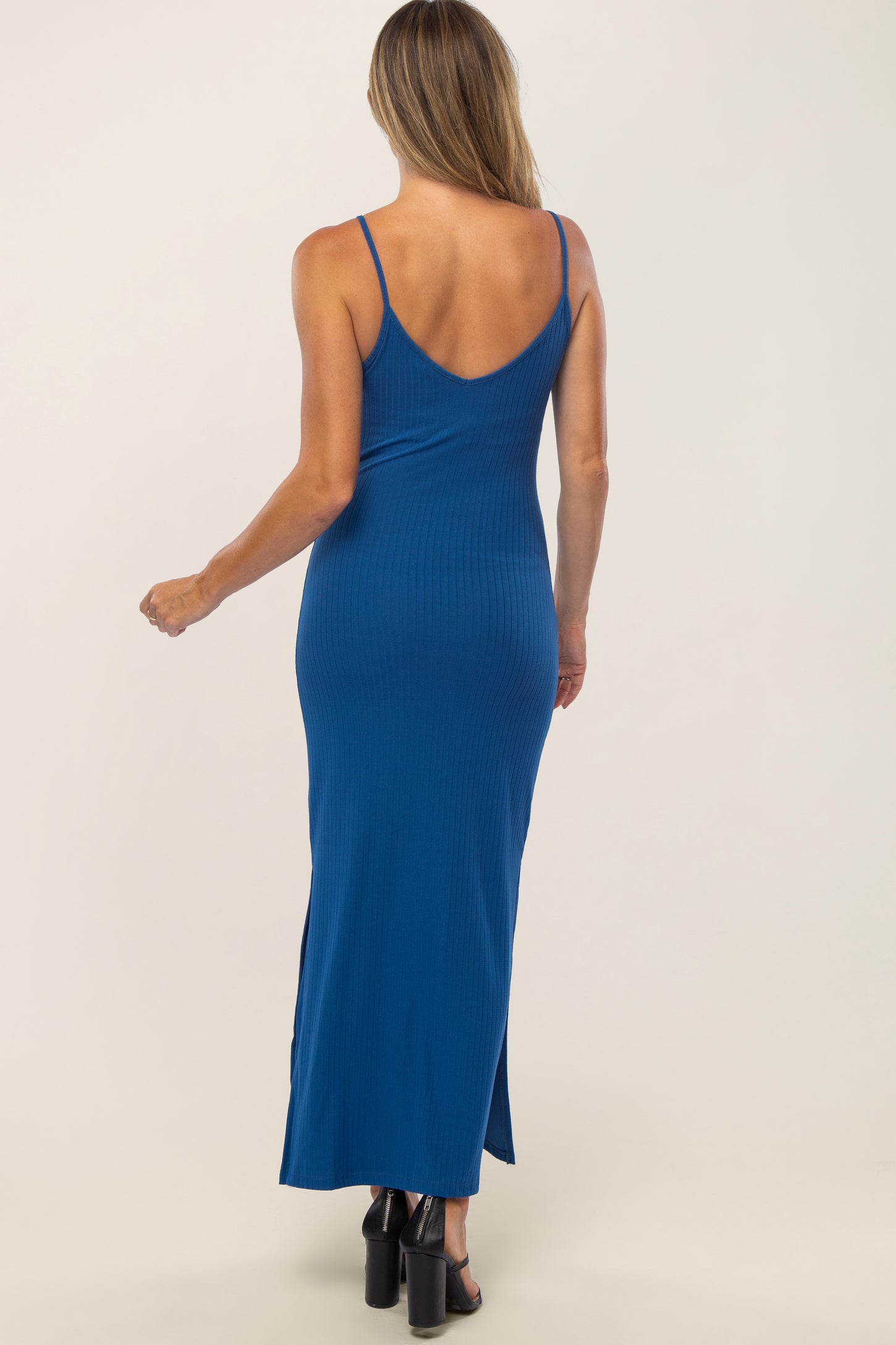 Blue Ribbed Side Slit Maxi Dress– PinkBlush