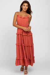 Coral Polka Dot Ruffle Tiered Midi Dress