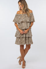 Cream Leopard Print Off Shoulder Tiered Dress