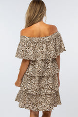 Cream Leopard Print Off Shoulder Tiered Dress