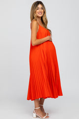 Coral Pleated Maternity Midi Dress