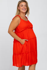 Red Tiered Shoulder Tie Maternity Plus Dress