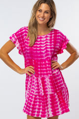 Fuchsia Tie Die Pleated Ruffle Tier Dress