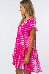 Fuchsia Tie Die Pleated Ruffle Tier Dress