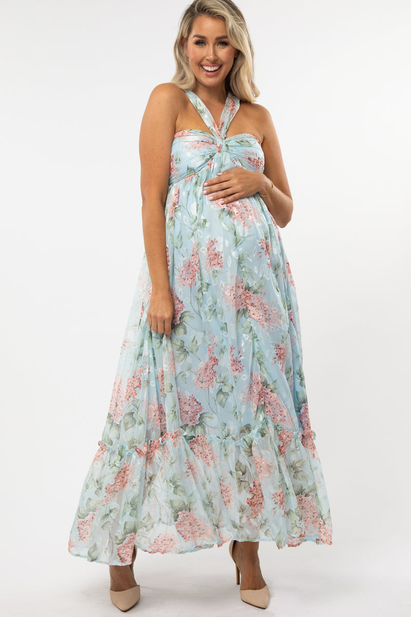 Light Blue Floral Chiffon Halter Neck Maternity Gown – PinkBlush