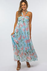 Light Blue Floral Chiffon Halter Neck Gown