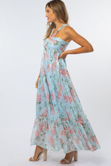 Light Blue Floral Chiffon Halter Neck Gown