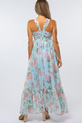 Light Blue Floral Chiffon Halter Neck Gown