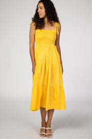 Yellow Smocked Tie Strap Midi Dress