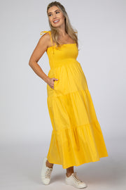 Yellow Smocked Tie Strap Maternity Midi Dress