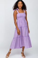 Lavender Shoulder Tie Tiered Maternity Midi Dress