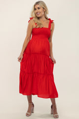 Red Shoulder Tie Tiered Maternity Midi Dress