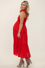 Red Shoulder Tie Tiered Maternity Midi Dress