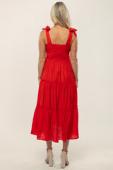 Red Shoulder Tie Tiered Maternity Midi Dress