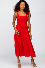 Red Shoulder Tie Tiered Maternity Midi Dress