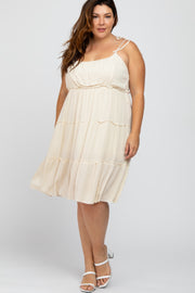 Beige Tiered Shoulder Tie Plus Dress